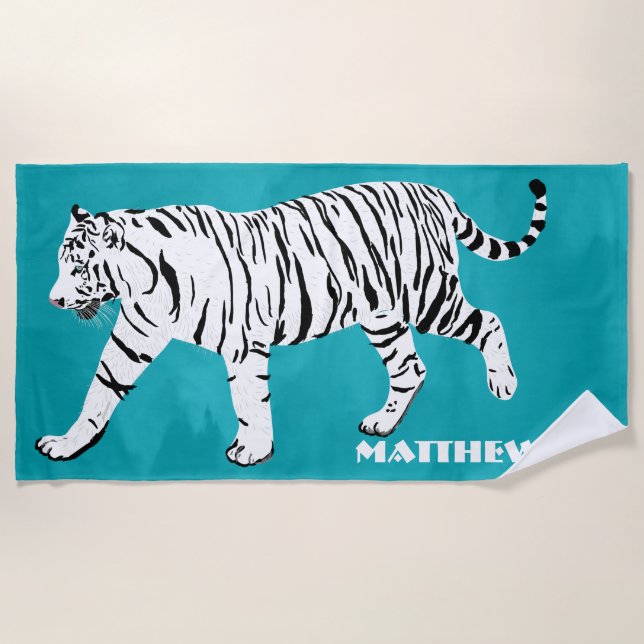 Serviette De Plage Illustration du tigre blanc sur Turquoise personna (Devant)