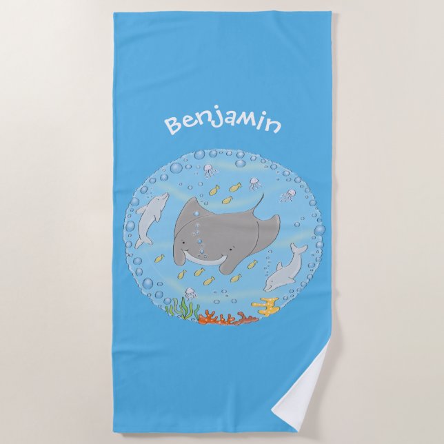 Serviette De Plage Illustration d'une mignonne raie manta et de bulle (Devant)