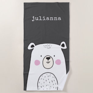 Serviette De Plage Image d'ours blanc mignon Nom personnalisé