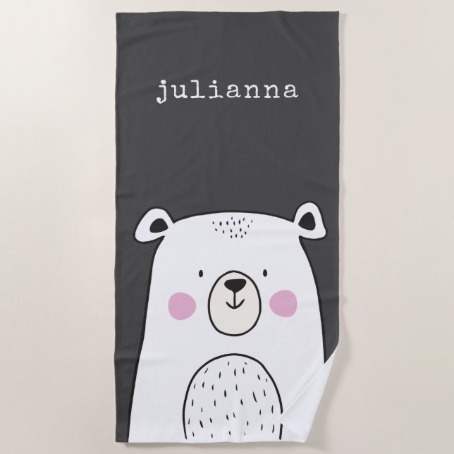 Serviette De Plage Image d'ours blanc mignon Nom personnalisé (Devant)