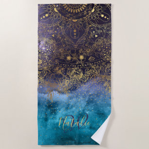 Serviette De Plage Image florale de mandala et de confettis d'or