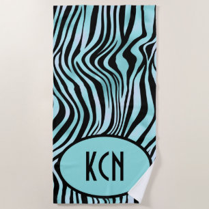 Serviette De Plage Imprimé zèbre monogrammé noir et turquoise sarcell