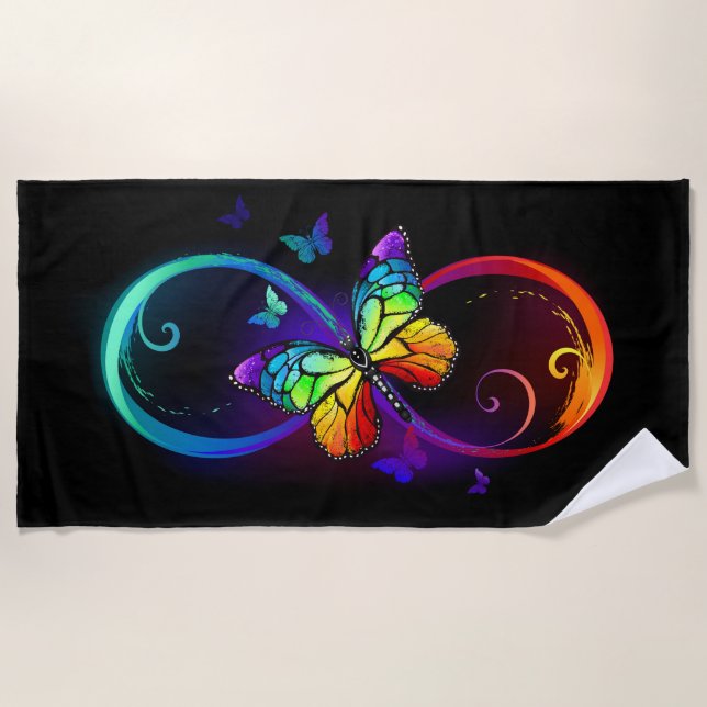 Serviette De Plage Infini vibrant avec papillon arc-en-ciel sur noir (Devant)