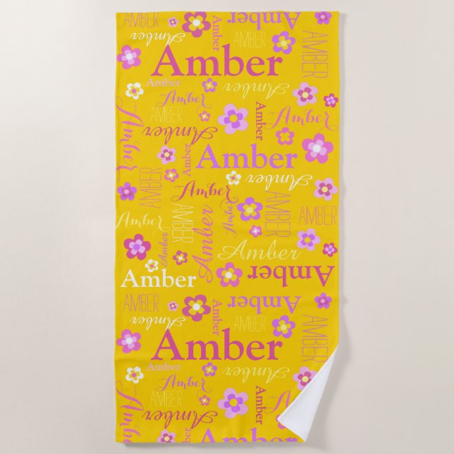Serviette De Plage Jaune rose violet filles nom Fleur d'ambre (Devant)