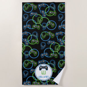 Serviette De Plage Jeu vidéo Neon Blue & Green Motif Monogramme