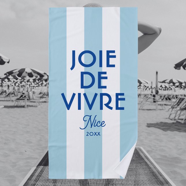 Serviette De Plage Joie De Vivre Nice Blue Cabana Stripe Français (Créateur téléchargé)