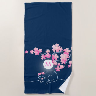 Serviette De Plage Joli cerisier de chat en fleurs Nuit bleue Sakura 