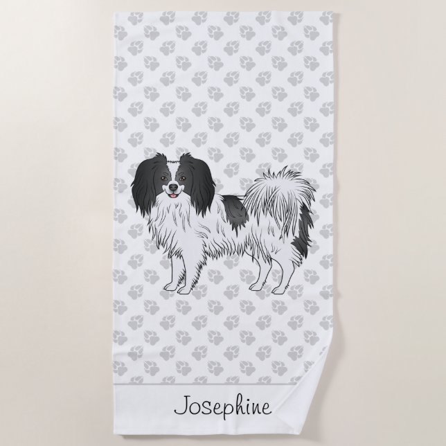 Serviette De Plage Joli Chien Phalène Noir Et Blanc Avec Nom Personna (Devant)