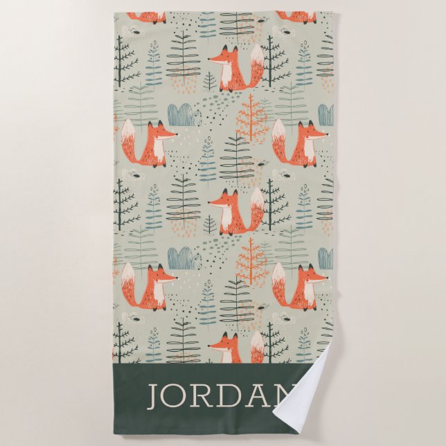 Serviette De Plage Joli Doodle Fox Forest Motif de bois (Devant)