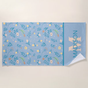 Serviette De Plage Joli Motif moderne Floral Bleu Vintage Monogramme