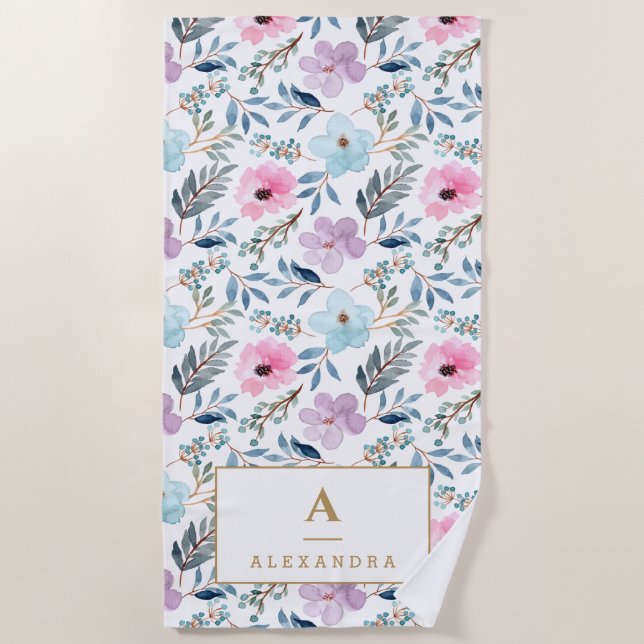 Serviette De Plage Joli Pastel Blue Aquarelle Fleurs Monogramme  (Devant)