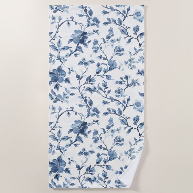 Serviette De Plage Jolie fleur blanche bleue   (Devant)