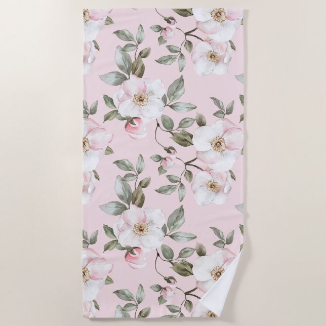 Serviette De Plage Jolie Fleurs Blanches Roses (Devant)