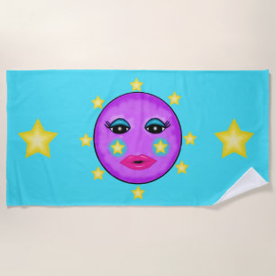 Serviette De Plage Jolie Lune violette Face aux étoiles Jaunes Lèvres