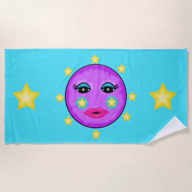 Serviette De Plage Jolie Lune violette Face aux étoiles Jaunes Lèvres (Devant)