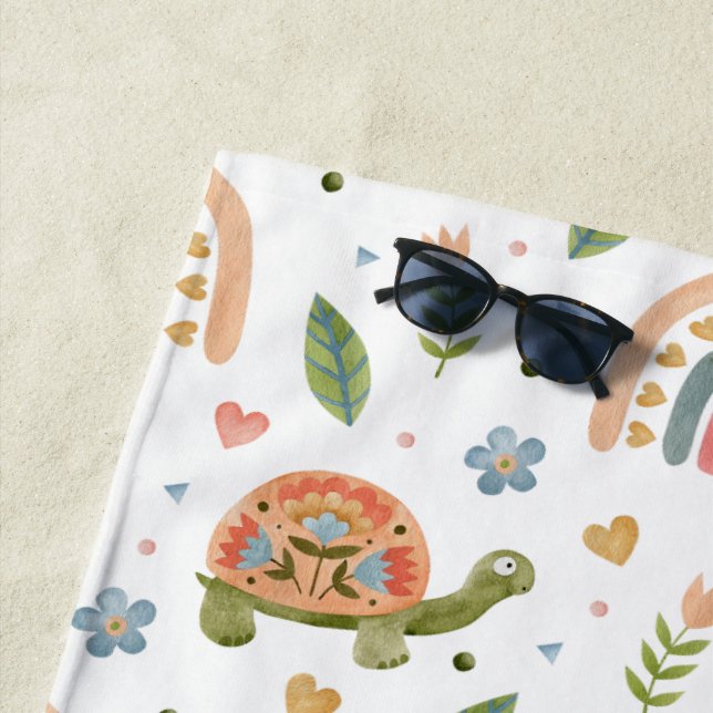 Serviette De Plage Jolie tortue aquarelle et Motif arc-en-ciel (En situation)