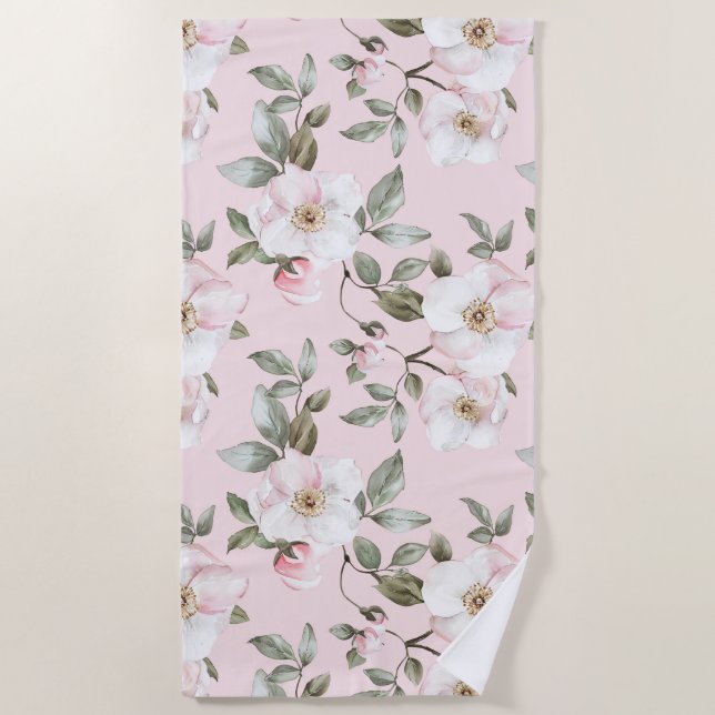 Serviette De Plage Jolies fleurs roses blanches   (Devant)
