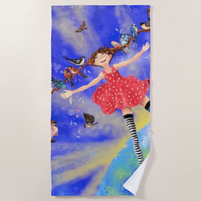 Serviette De Plage Joyeuse fille aux oiseaux - Joie (Devant)