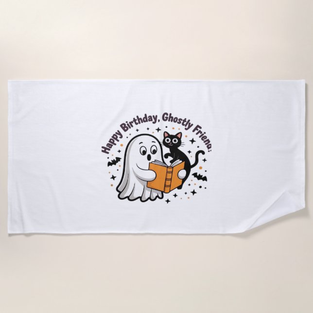 Serviette De Plage Joyeux anniversaire Ghost Cat PNG - Éffrayant Cute (Devant)