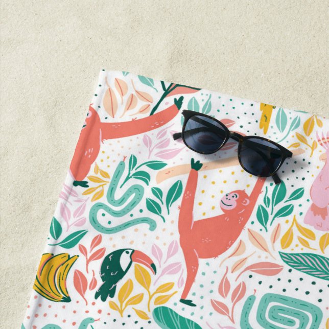 Serviette De Plage Joyeux Motif animal de la jungle Feuilles tropicau (En situation)