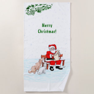 Serviette De Plage Joyeux Noël! Père Noël avec chat et chien