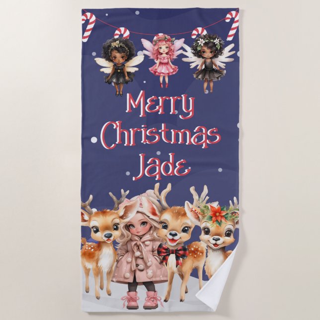 Serviette De Plage Joyeux rennes de Noël Peppermenthe Fairy avec nom (Devant)