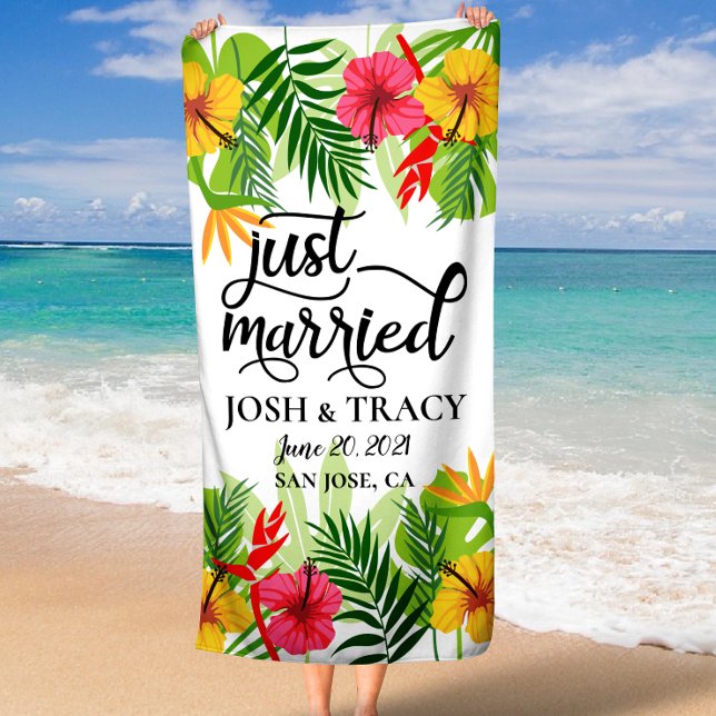 Serviette De Plage Juste Marié Lune de Miel Mariage Fête des mariées  (Just Married Honeymoon Wedding Bridal Shower Gift Beach Towel)