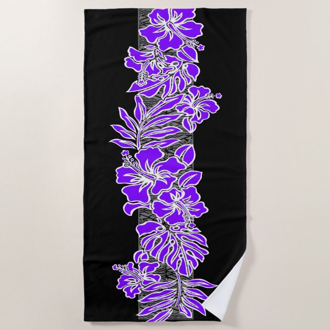 Serviette De Plage Kalaheo Hibiscus hawaïen Tapa floral - Violet (Devant)
