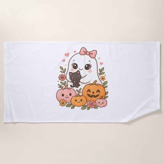 Serviette De Plage Kawaii Ghost Halloween Chat noir Citrouille Chat c (Devant)