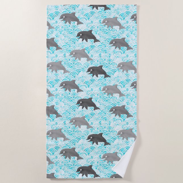 Serviette De Plage Keiki Aquarelle Dauphin Vague (Devant)