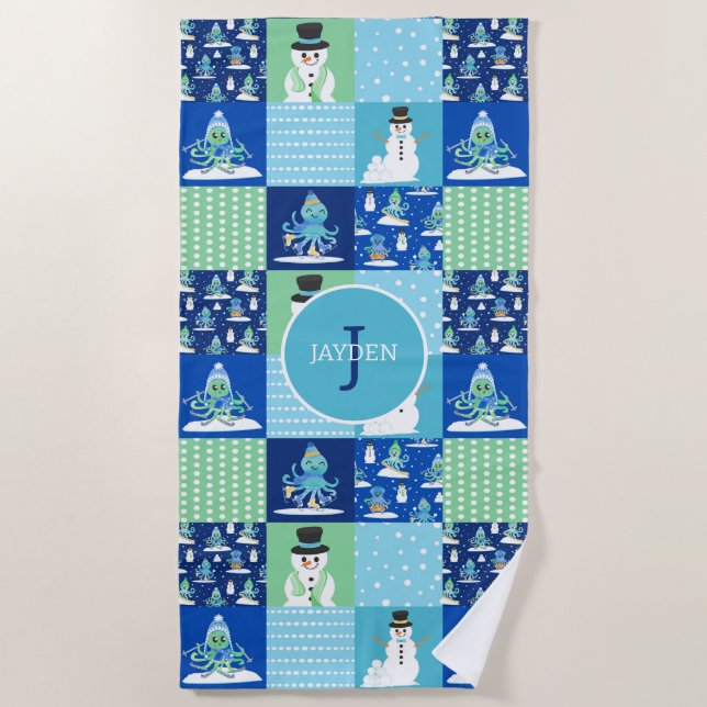Serviette De Plage Kids Octopus Winter Sports Patchwork Personalized  (Devant)