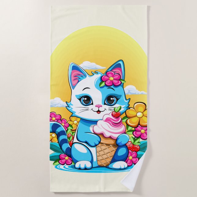 Serviette De Plage Kitty Chat avec crème glacée Summer Kawaii Caractè (Devant)