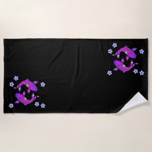 Serviette De Plage Koi poisson oriental noir violet yin yang floral