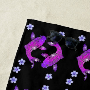 Serviette De Plage Koi poisson oriental yin yang noir violet fleuri