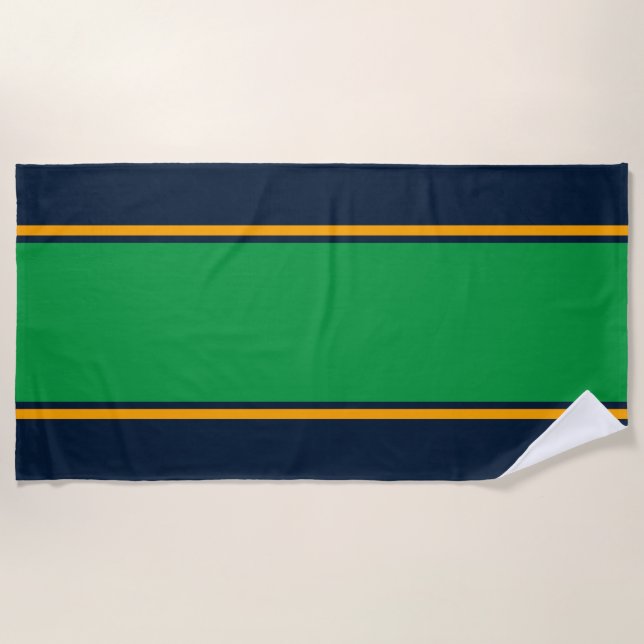 Serviette De Plage Large Kelly Green Jaune Sur Marine Racing Stripes (Devant)