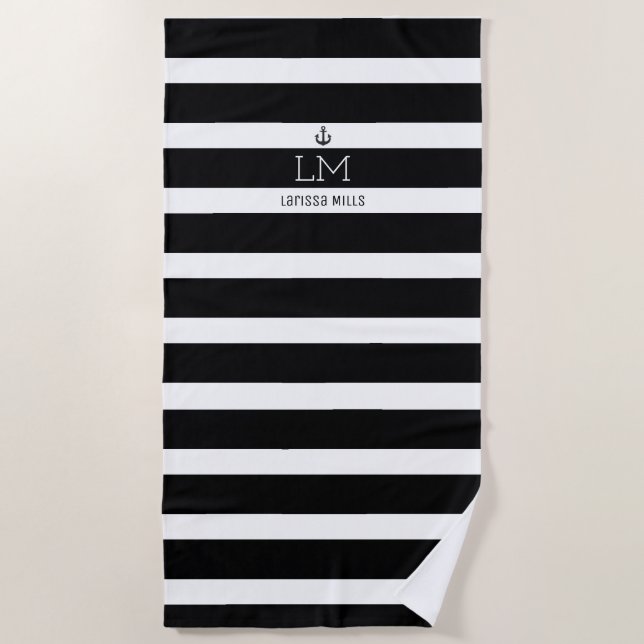 Serviette De Plage large nautique noir & blanc rayures monogrammed (Devant)