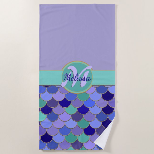 Serviette De Plage Lavande violet et sirène d'eau | Nom du monogramme (Devant)