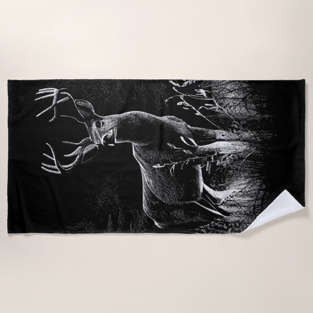 Serviette De Plage Le cerf majestueux en pleine nature - Art noir et  (Devant)