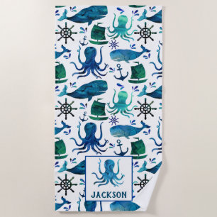 Serviette De Plage Le motif de poulpe de baleine d'aquarelle badine