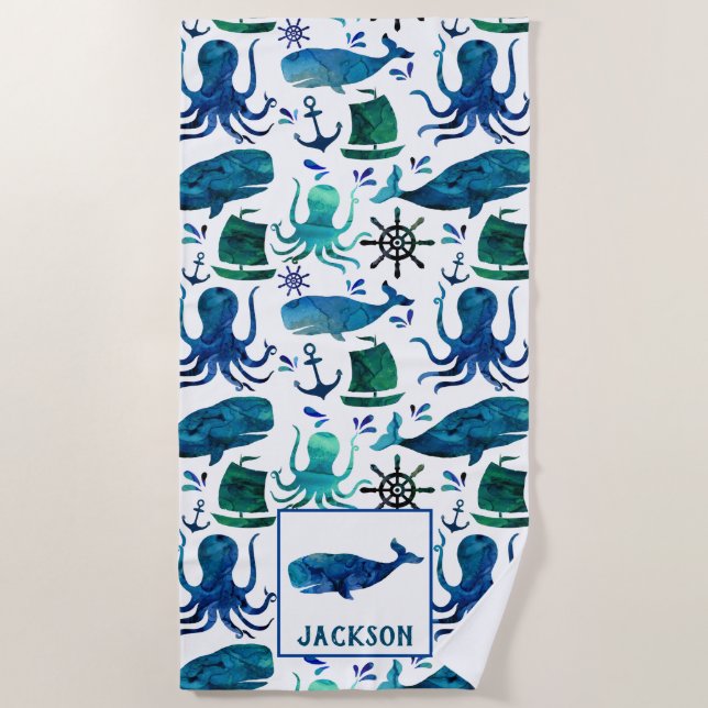 Serviette De Plage Le motif de poulpe de baleine d'aquarelle badine (Devant)