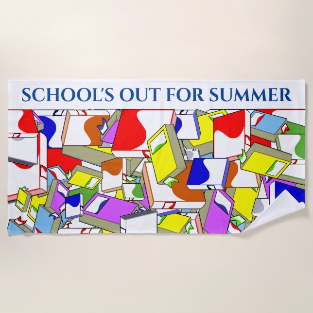 serviette de plage "L'ÉCOLE EST OUT POUR L'ÉTÉ". (Devant)