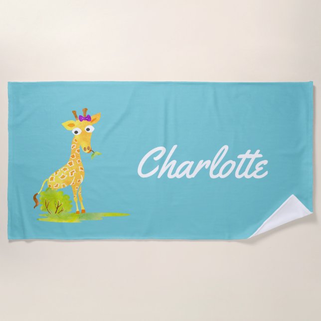 Serviette De Plage Les enfants de girafe d'aquarelle ont personnalisé (Devant)