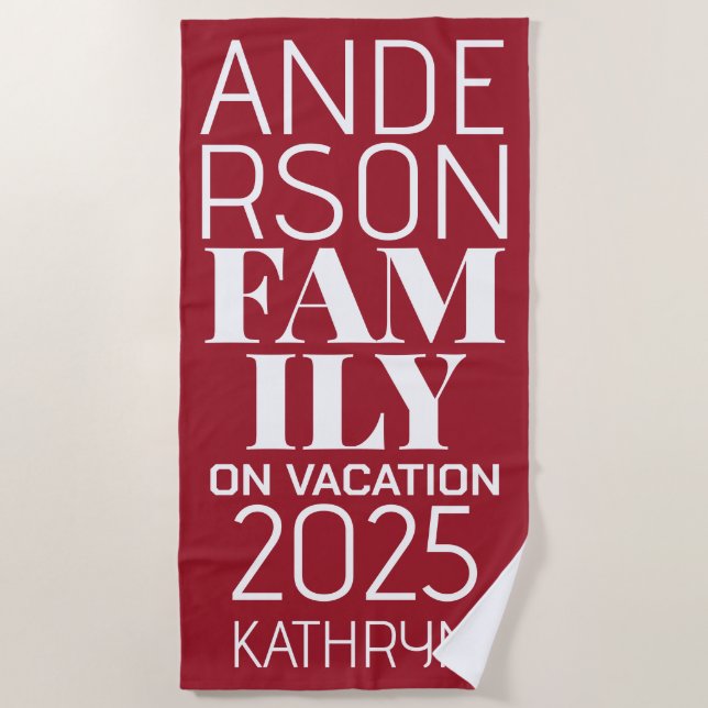 Serviette De Plage Lettres surdimensionnées Nom de famille Rouge (Devant)