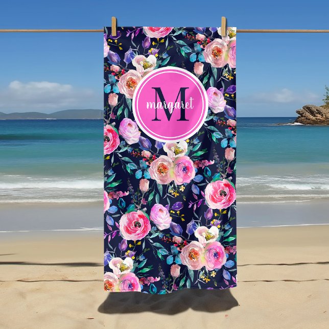 Serviette De Plage Lever de soleil Boho Floral Rose et Nuit Monogramm (Créateur téléchargé)