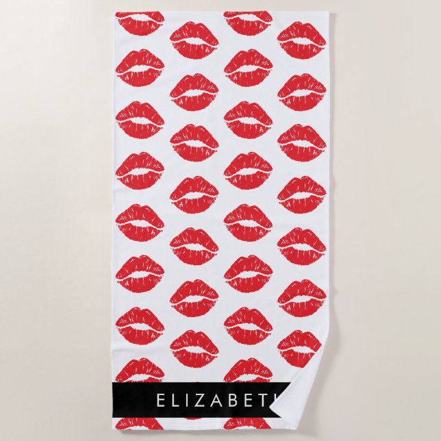 Serviette De Plage Lèvres Rouges, Rouge, Motif Des Lèvres, Votre Nom (Devant)