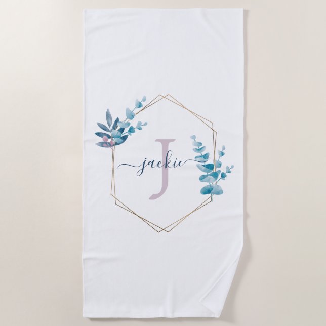 Serviette De Plage Lilac Aquarelle Eucalyptus Cadre Monogramme Classi (Devant)