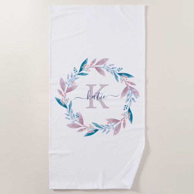 Serviette De Plage Lilac Aquarelle Florale Wreath Monogramme (Devant)
