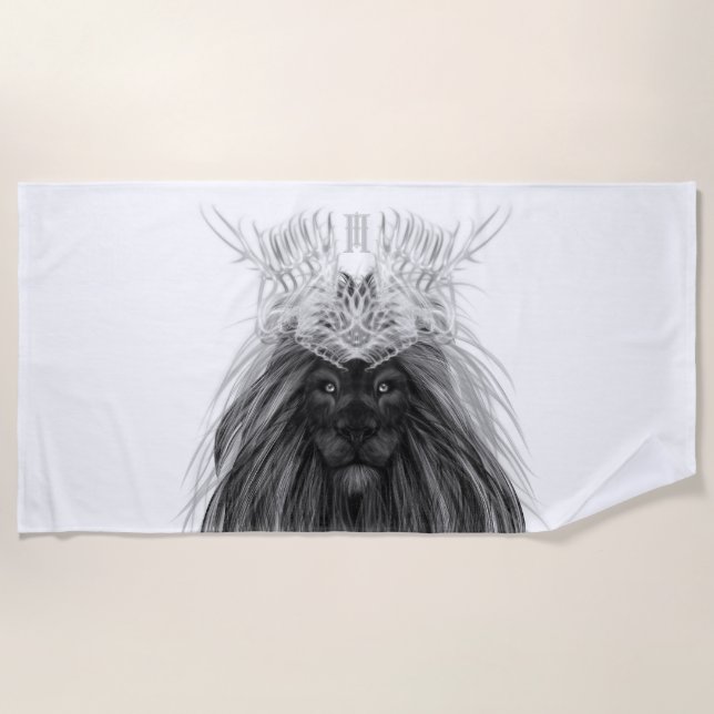 Serviette De Plage Lion noir avec couronne Antlers et monogramme (Devant)