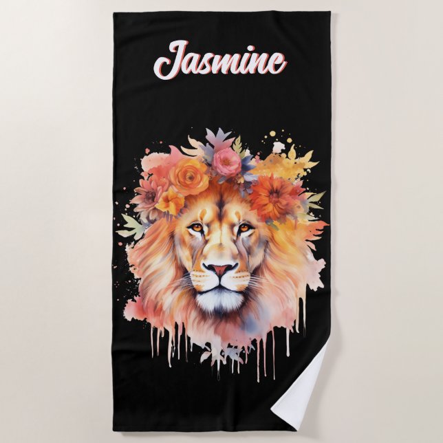 Serviette De Plage Lion Pastel Fleurs Safari Aquarelle Savannah Chat (Devant)
