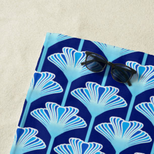 Serviette De Plage Lis d'art déco, bleu de cobalt, Aqua et blanc
